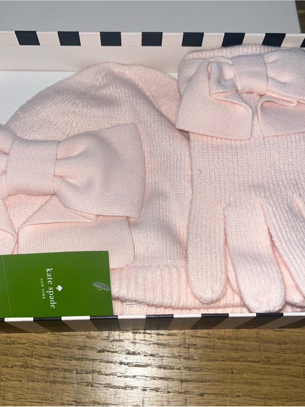 Kate Spade Women's Pink Winter Beanie Hat and Gloves W/ Bow Set